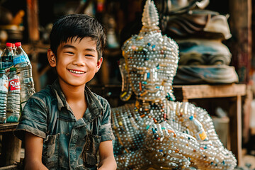Jeune garçon Thai ayant recycler des bouteilles en plastique pour réaliser une statue de bouddha - obrazy, fototapety, plakaty
