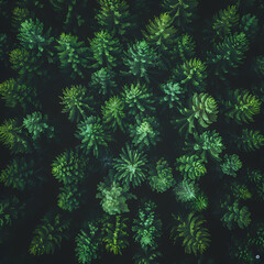 Conifer forest from a bird's eye view; Wood view from above; Pine tree, fir; Flora