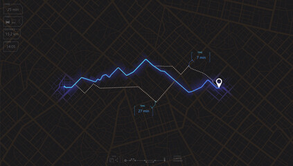 Gps tracking on city map. Track navigation pin on street maps, navigate mapping locate position pin. Abstract map background. Digital art. Editable vector illustration