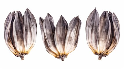 Three dried flowers on a white background