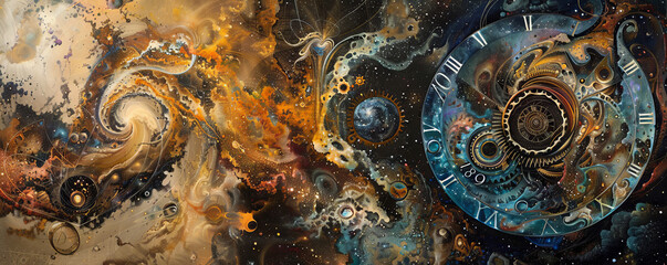 An artistic depiction of time blends cosmic events with clockwork, resulting in a captivating combination of celestial and earthly timekeeping.