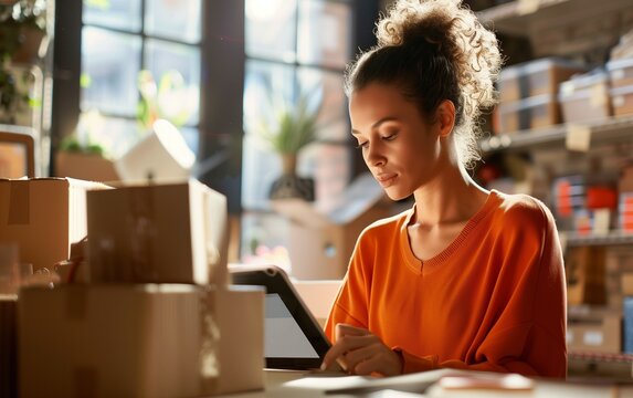 A young woman in her home office is sitting at the table, surrounded by boxes of products on which she has just been working with an iPad. She looks happy while opening up