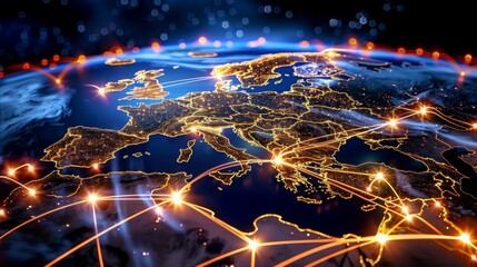 European telecommunication network connecting Europe France Germany UK Italy encompassing internet global finance blockchain IoT with influence from NASwith copyspace for text - obrazy, fototapety, plakaty