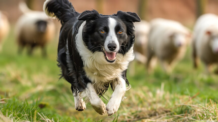 A Border Collie in action, herding sheep or playing fetch, - obrazy, fototapety, plakaty