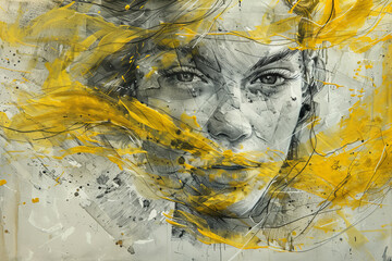A female portrait gracefully enhanced by expressive yellow watercolor strokes, creating a visually striking artwork with a modern and imaginative twist.