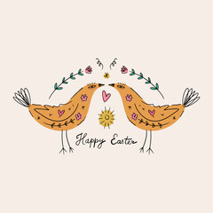 Happy Easter folk birds trendy cute vector postcard composition, spring holiday elements. Good for cards, flyer, leaflet, product label, social networks and more. Set of boho doodle characters