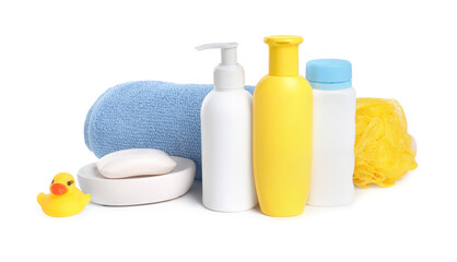 Baby cosmetic products, bath duck, sponge and towel isolated on white