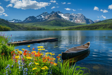 A serene lakeside canoe nestled by a tranquil lake, surrounded by majestic snow-capped mountains. The water reflects the azure sky.