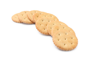 Tasty crispy round crackers isolated on white