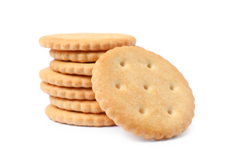 Tasty crispy round crackers isolated on white