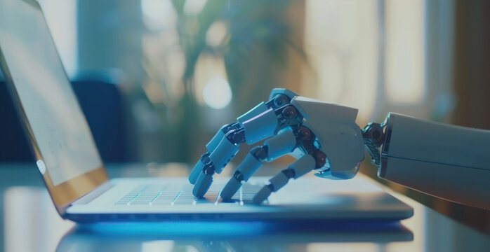 A robotic hand placed on a laptop in a room, showcasing technology interaction