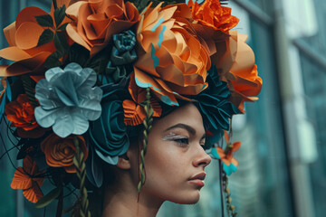 A woman adorned with avant-garde, oversized paper flowers arranged in striking, sculptural fashion, set against rustic backdrops.