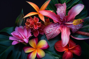 Exotic tropical flowers displayed against a dark background, highlighting their vivid colors and rich textures in a captivating composition that exudes luxury and allure.