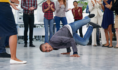 Man, breakdance and office with people for creative company, salary bonus and team building. Happy...