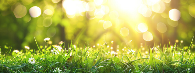Spring background with blurred grass and sunlight in the morning