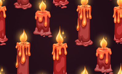 Vector seamless holiday pattern with candles. Texture with red wax burning candles on a dark background for wallpaper, fabrics. Surface design on the theme of religion and faith