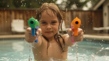 Pretty girl playing with water guns in pool. copy space for text.