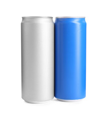 Energy drinks in aluminum cans on white background