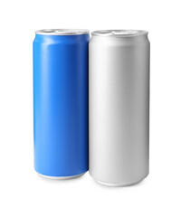 Energy drinks in aluminum cans on white background