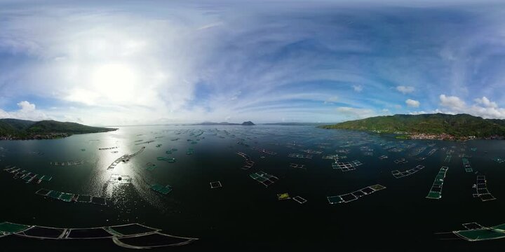 Fish farm on the lake. Fishing industry in the Philippines. 360 panorama. Lake Taal, Tagaytay. Philippines, Luzon.