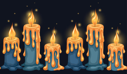 Vector mystic border of cartoon blue candles with lights and sparkle on dark background. Horizontal frieze of flowing wax candles for mobile games, condolence letters and brash swatch
