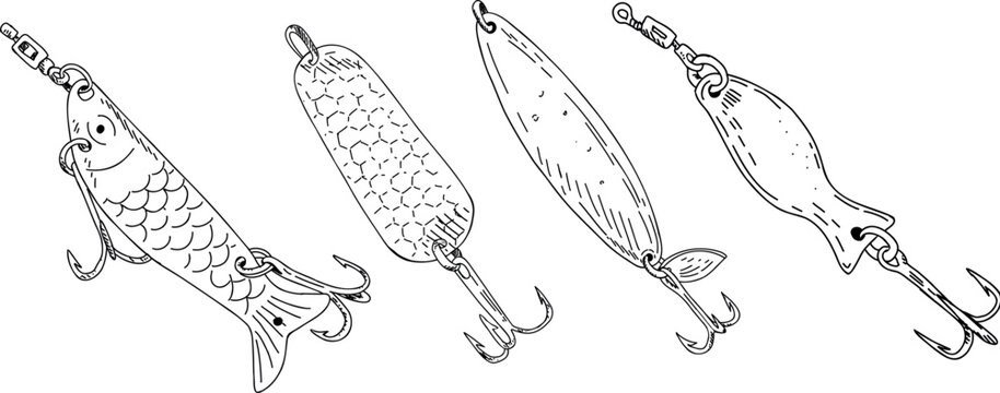 Fishing hook minnow vector illustration tackle set. Metal fly gudgeon spinner lure feeding. Bait line drawing. Ink silhouette. Spoon angler tool black outline 