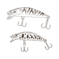 Fish hook minnow vector illustration tackle set. Fly gudgeon spinner lure feeding. Bait line drawing. Ink silhouette Black outline graphic. Fishing spoon angler tool black outline 