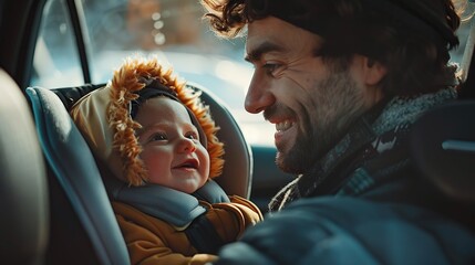 smiling father looking at his baby who is securely strapped into a car safety seat, depicting a moment of bonding and responsible parenting. copy space fot text. - obrazy, fototapety, plakaty
