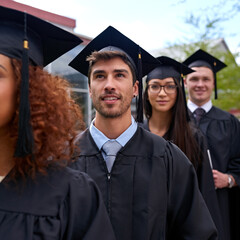 Education, university and students in row for graduation dreaming and thinking of future. Smile,...