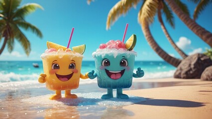 two happy funny glasses with colorful ice and smiling faces on a sunny tropical beach, generative AI