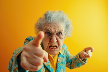  funny angry grandma threatens with her finger. elderly woman on yellow background