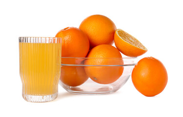 Fresh oranges in bowl and glass of juice isolated on white