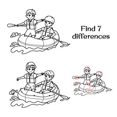 A boy and a girl go down the river on an inflatable boat. Find 7 differences. Tasks for children. Vector illustration