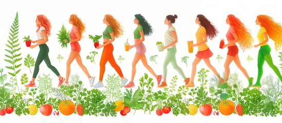 illustration of a Healthy Lifestyle, work and life balance., food, workout, a young woman
