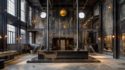 Pay homage to the industrial beauty of the factory through a meticulous exploration of its design, combining elements of symmetr