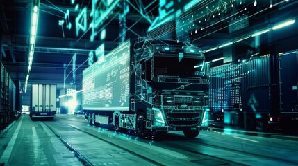 Semi-Autonomous Truck Navigating a High-Tech Industrial Warehouse at Night