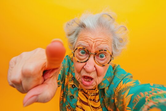  funny angry granny threatens with her finger. elderly woman on yellow background. grandma looks at the camera and hand pointing