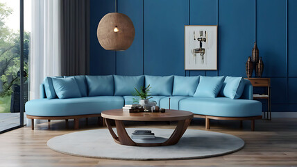 Round wooden table with coffee mock, near the sofa and blue wall | Interior design of the living room