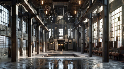 Pay homage to the industrial beauty of the factory through a meticulous exploration of its design, combining elements of symmetr