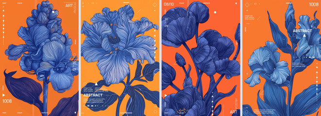 Set of four blue iris flower illustrations and vector graphics on an orange background. The dark navy illustrations focus on detailed linework to capture intricate details. - 781110133