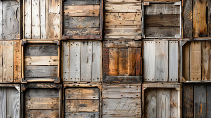 A wall made of wooden crates with a rustic, vintage feel