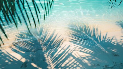 Fototapeta na wymiar Tropical leaf shadow on water surface. Shadow of palm leaves on white sand beach. Beautiful abstract background concept banner for summer vacation at the beach.