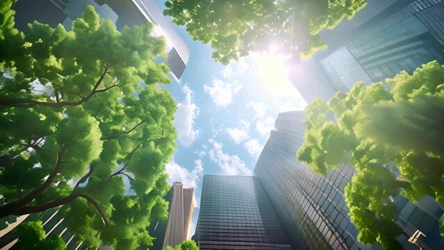 Bottom view of the city with skyscrapers and green trees,generative ai