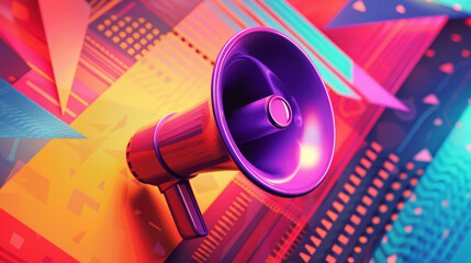Purple megaphone is on a colorful background - obrazy, fototapety, plakaty