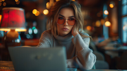 Captivating lady sits at her desk, her focus locked on the laptop screen as she navigates through her tasks
