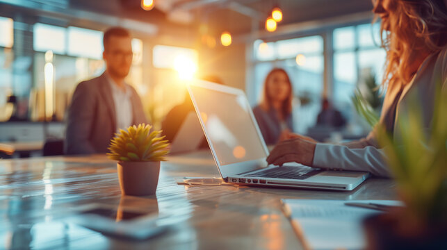 In an atmosphere buzzing with ideas, business innovators discuss future projects using a laptop as their guide in a cozy office corner