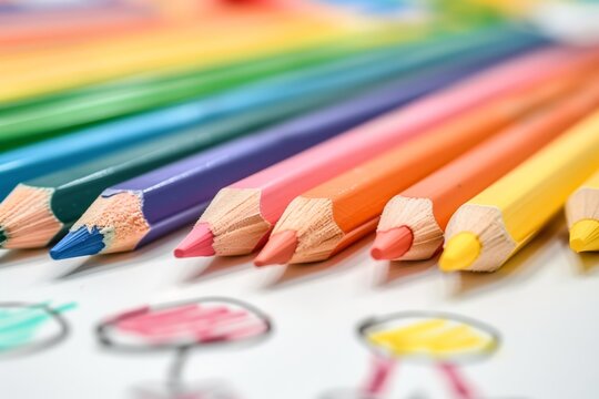 Colorful pencils lined up on white paper