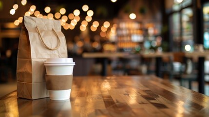 Cozy cafe interior with white coffee cup and craft paper bag mockup for a warm ambiance - obrazy, fototapety, plakaty