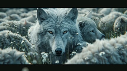 Wolf pretending to be a sheep concept. image of animal. copy space for text. - obrazy, fototapety, plakaty