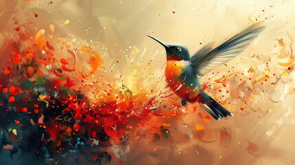 Fototapeta premium hummingbird flying in the air, the backdrop of abstract paint stains, oil paint